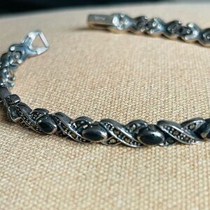 Vintage 925 Sterling Silver Chain Black Onyx Marcasite Stone Bracelet 7”